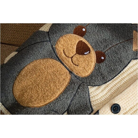 Women Varsity  Button Up Knitted Cardigan Cute Bear Graphic Embroidery Jacket - Picture 7 of 9